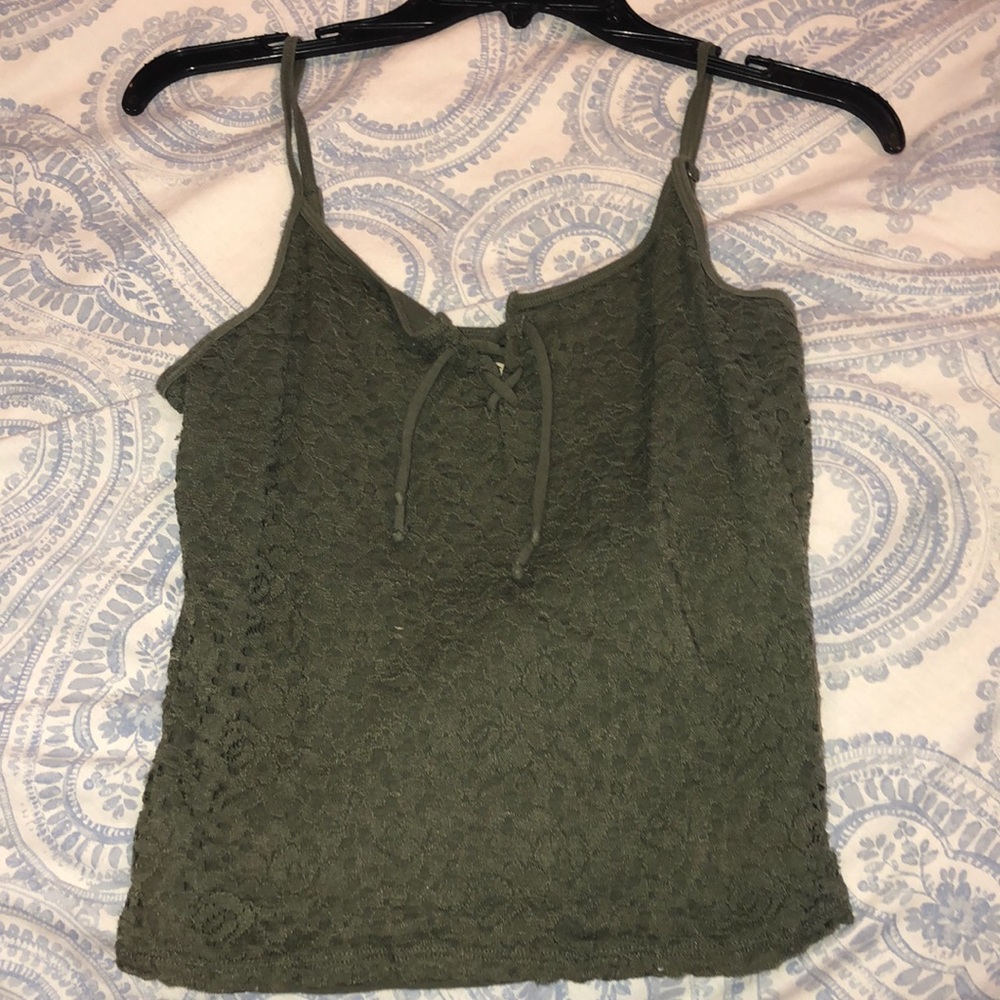 Navy green tank with tie front & adjustable straps